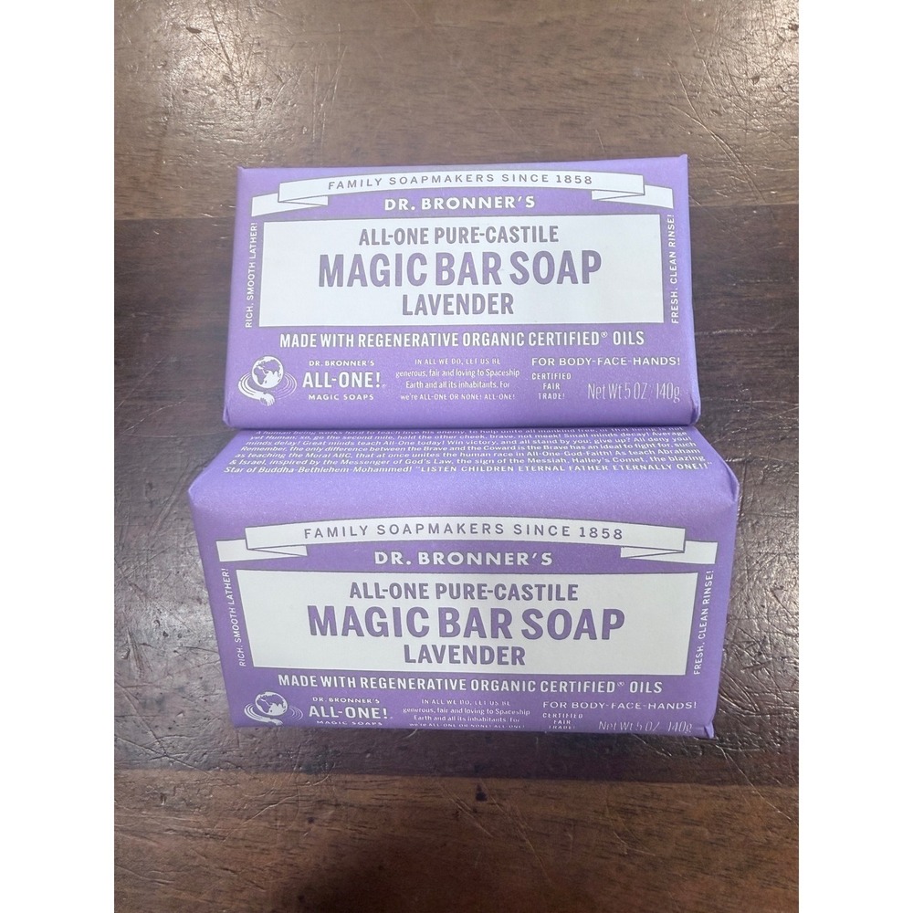 2- New Dr. Bronner's Lavender Pure-Castile Magic Bar Soap 5oz Organic Vegan